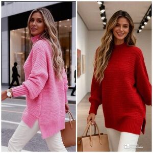 NWT Set of Women's Mock Neck Knitted Red and Pink Oversized Sweaters